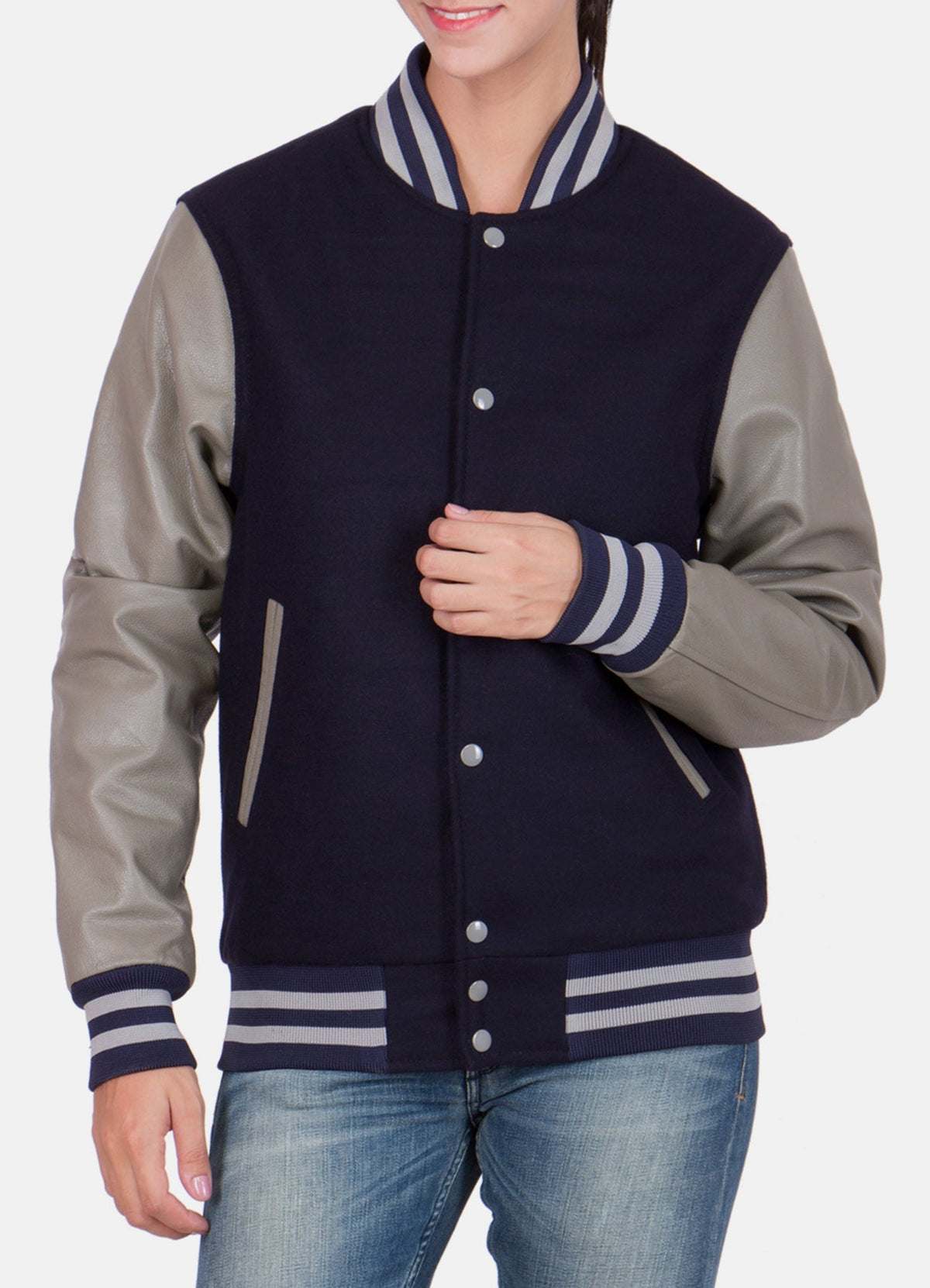 Women's Dark Blue and Grey Varsity Jacket