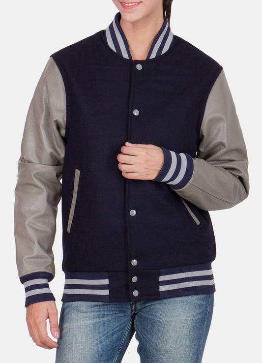 Women's Dark Blue and Grey Varsity Jacket