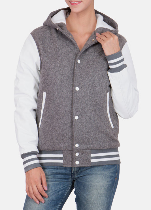 Women's Grey and White Hooded Varsity Jacket