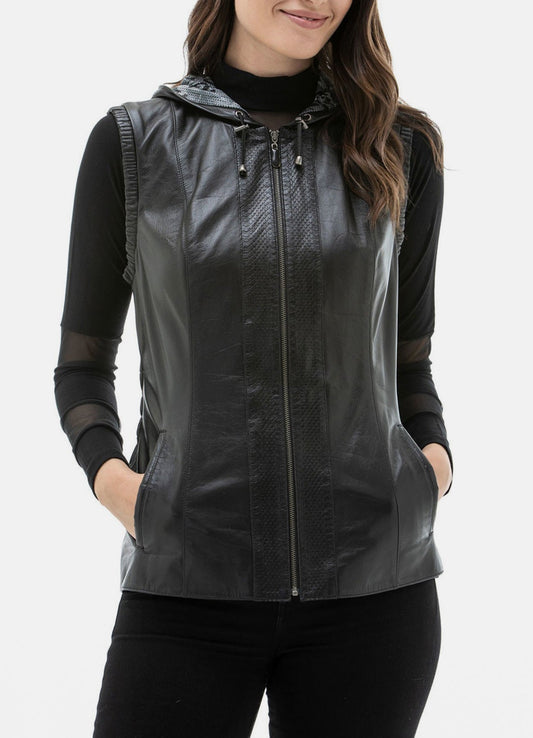 Women's Black Fashionable Hooded Leather Vest