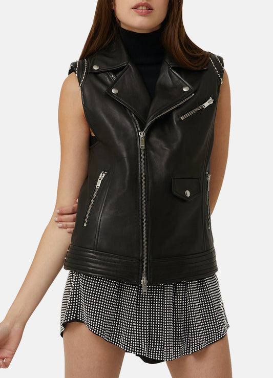 Women's Classic Black Biker Leather Vest
