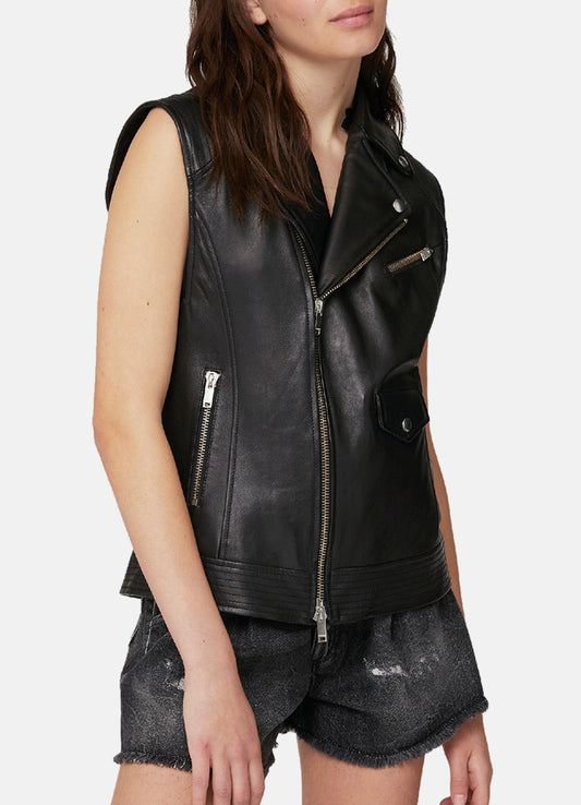 Women's Regular Fit Black Biker Leather Vest