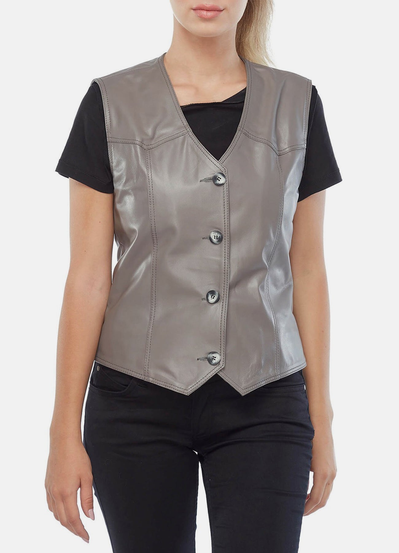 Women's Solid Grey Biker Leather Vest