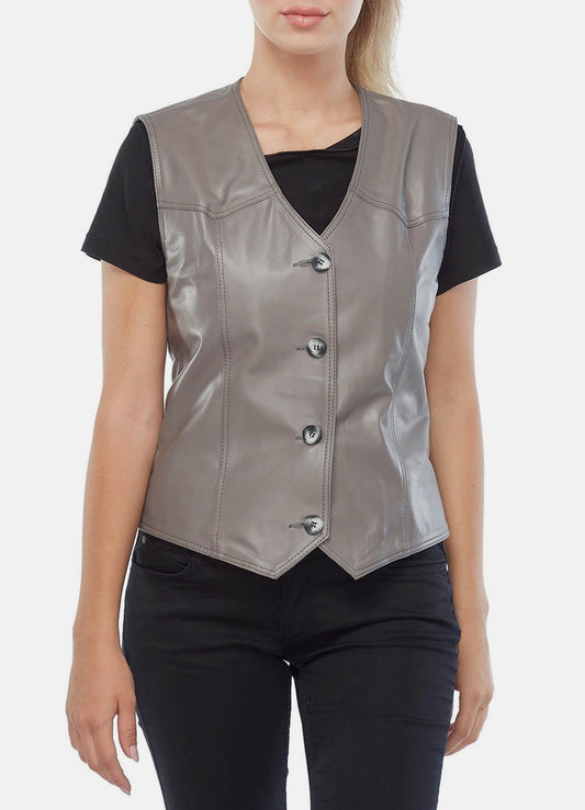 Women's Solid Grey Biker Leather Vest