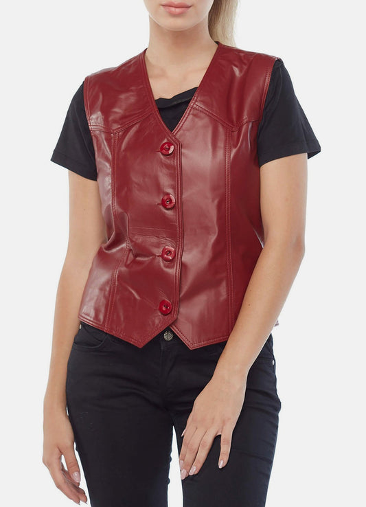 Women's Bright Red Biker Leather Vest