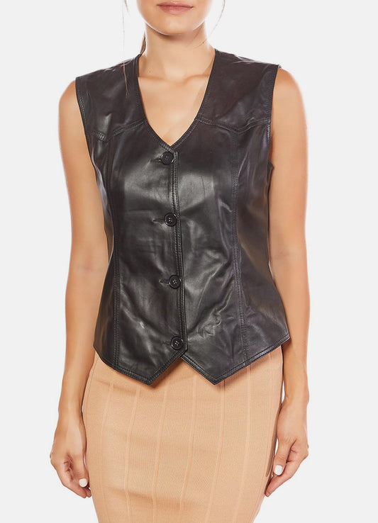 Women's Coal Black Biker Leather Vest