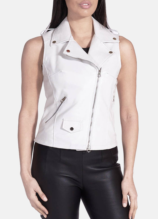 Women's Bright White Biker Leather Vest