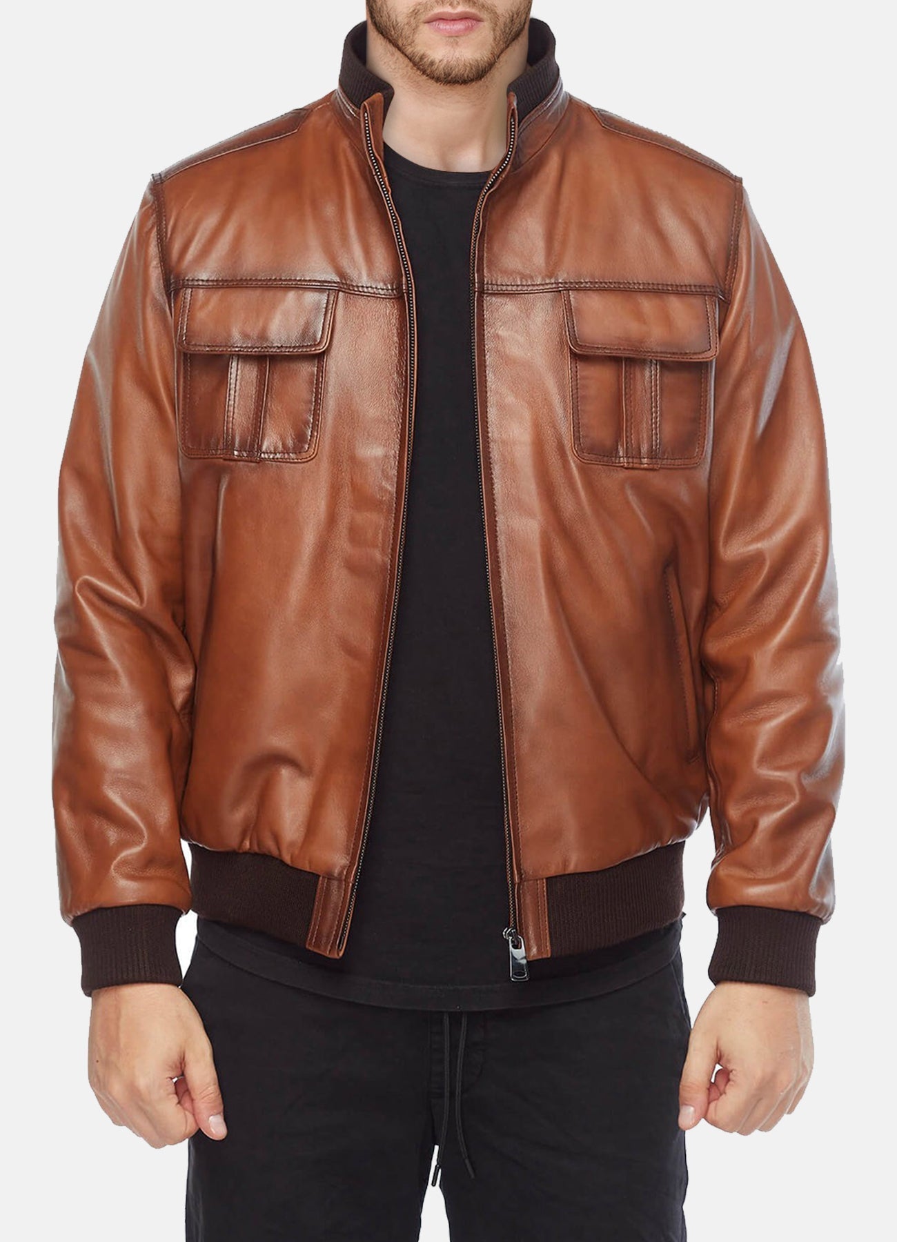 Men's Tan Classic Bomber Leather Jacket