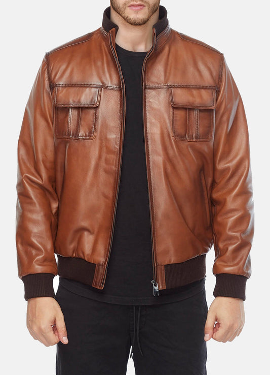 Men's Tan Classic Bomber Leather Jacket
