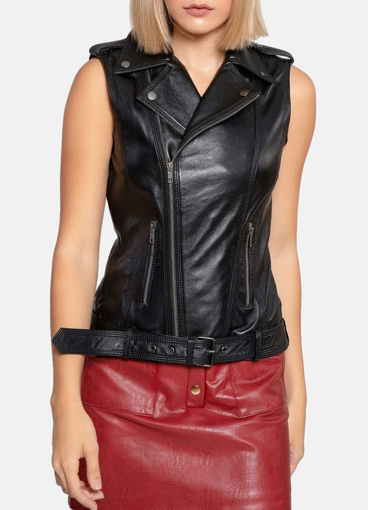 Women's Shiny Black Biker Leather Vest