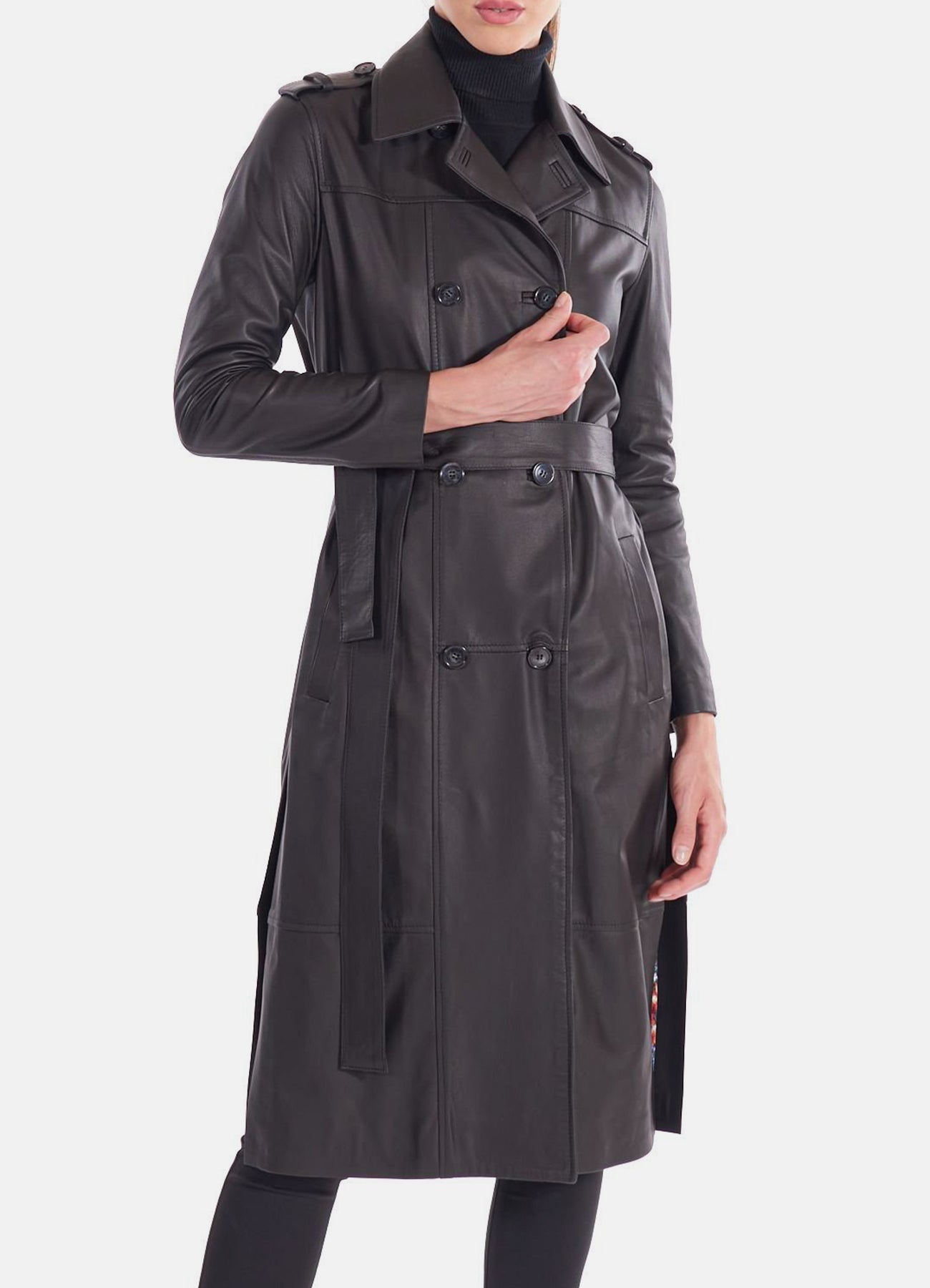 Women's Midnight Black Long Leather Coat