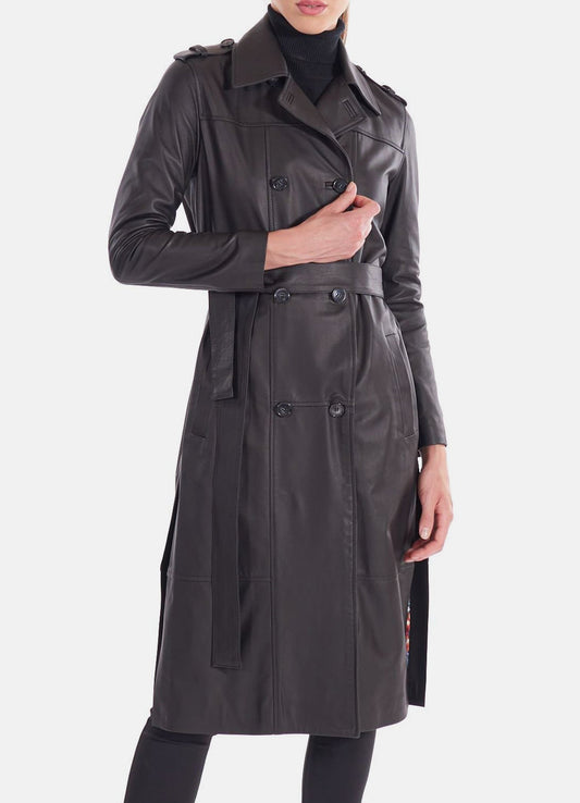 Women's Midnight Black Long Leather Coat