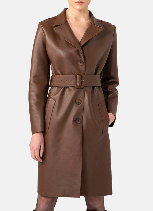 Women's Choco Brown Trench Leather Coat