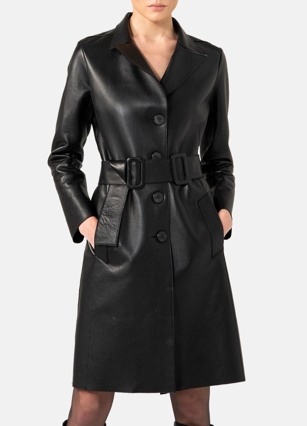 Women's Smooth Black Trench Leather Coat