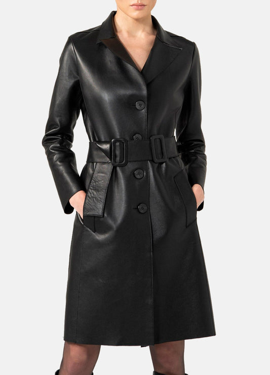 Women's Smooth Black Trench Leather Coat