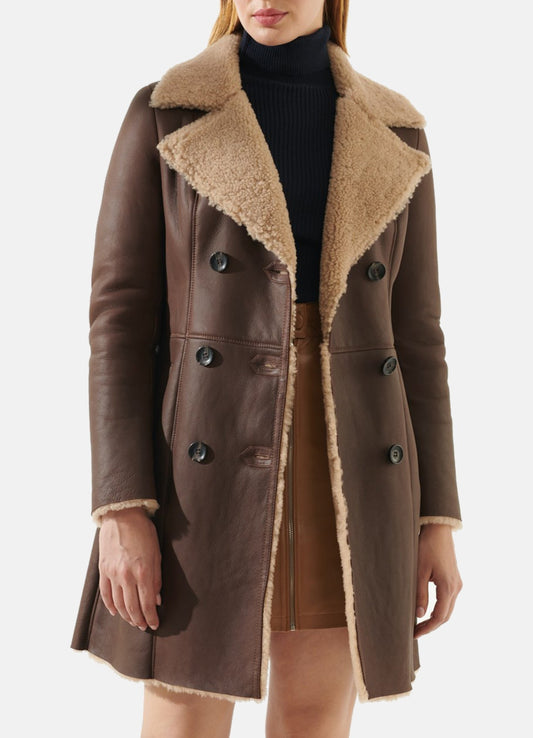 Women's Soft Brown Shearling Leather Coat