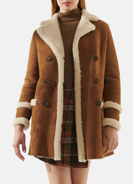 Women's Casual Tan Shearling Leather Coat