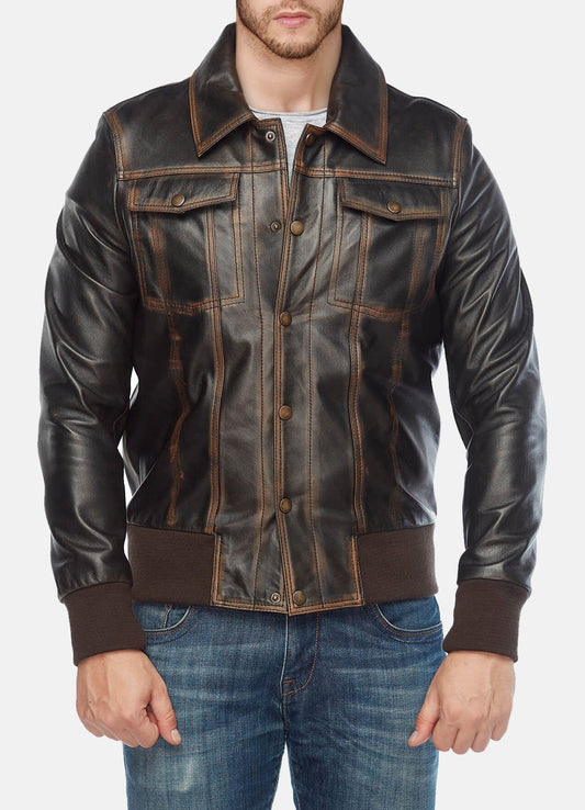 Men's Real Distressed Leather Bomber Jacket