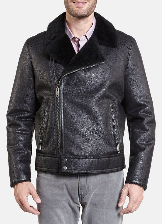 Men's Shiny Black Shearling Leather Jacket