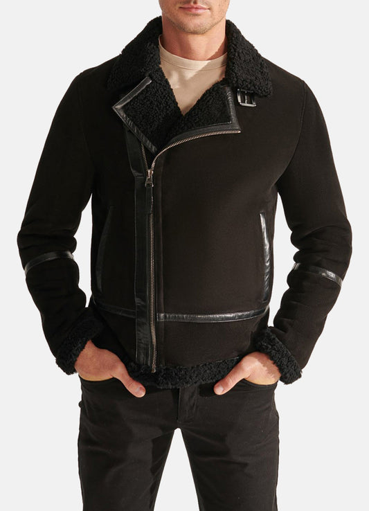 Men's Midnight Black Suede Shearling Leather Jacket