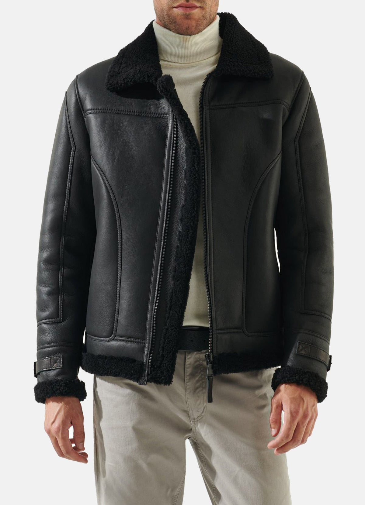 Men's Casual Black Shearling Leather Jacket