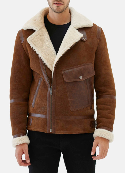 Men's Aviator Brown and White Shearling Leather Jacket
