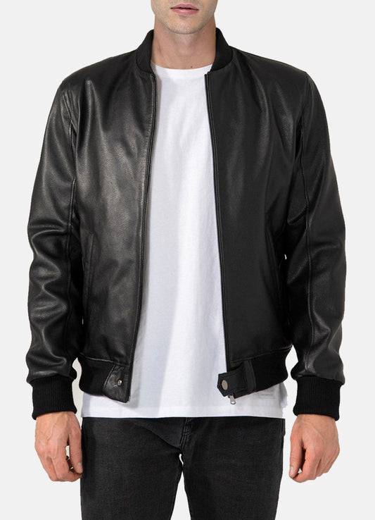 Men's Black Cow Leather Bomber Jacket