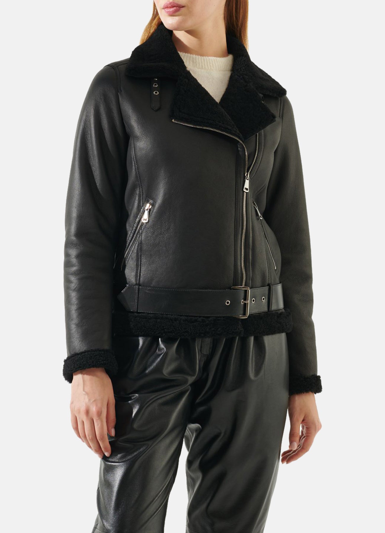 Women's Casual Black Shearling Leather Jacket