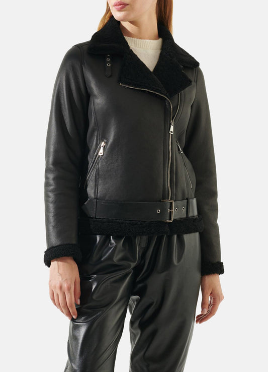 Women's Casual Black Shearling Leather Jacket
