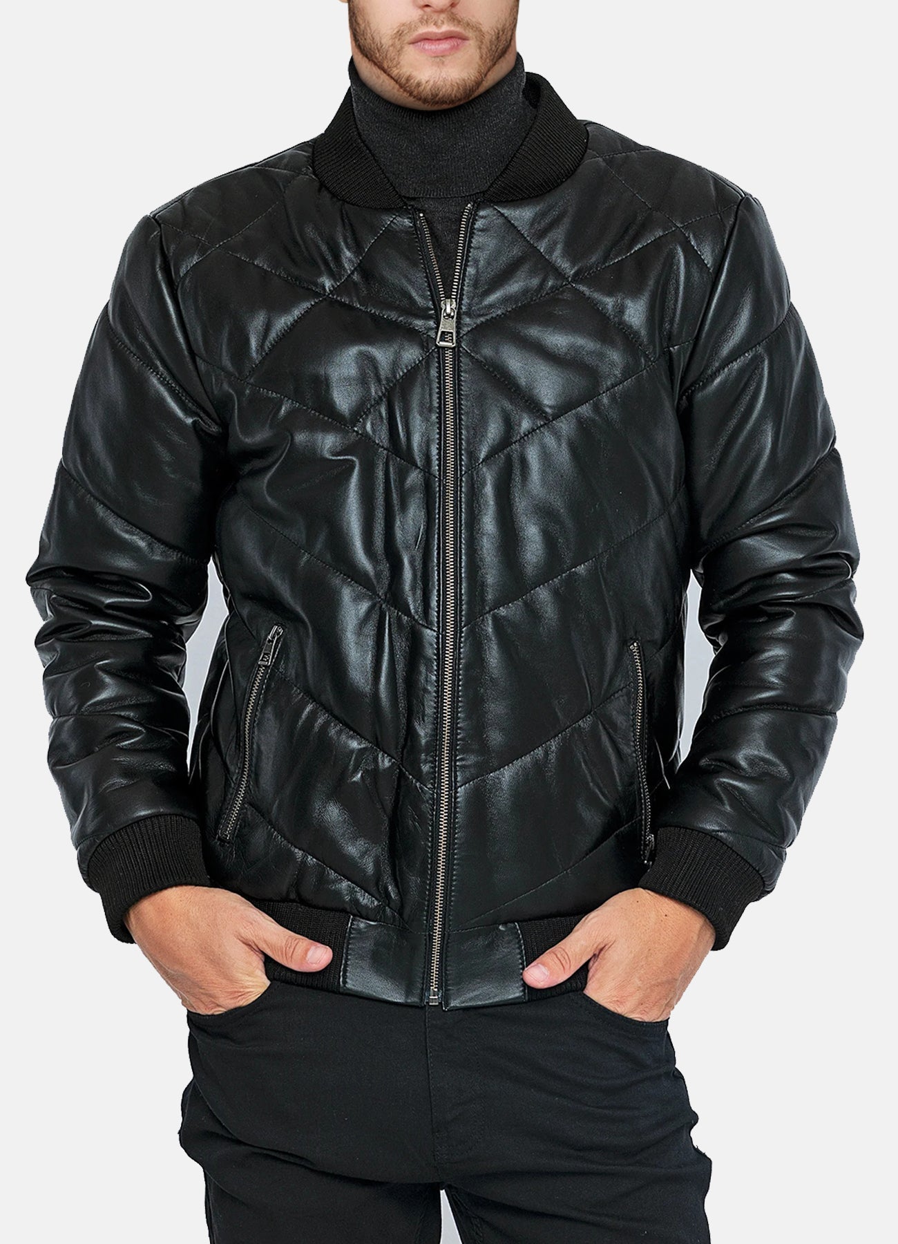 Men's Diamond Stitched Style Leather Bomber Jacket