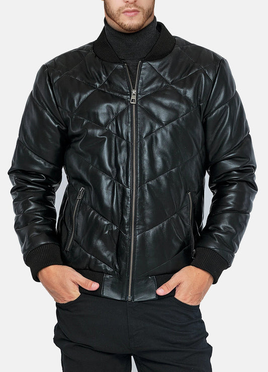 Men's Diamond Stitched Style Leather Bomber Jacket