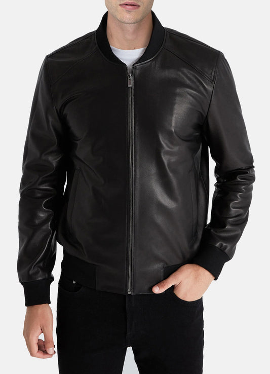 Men's Slimfit Black Bomber Leather Jacket