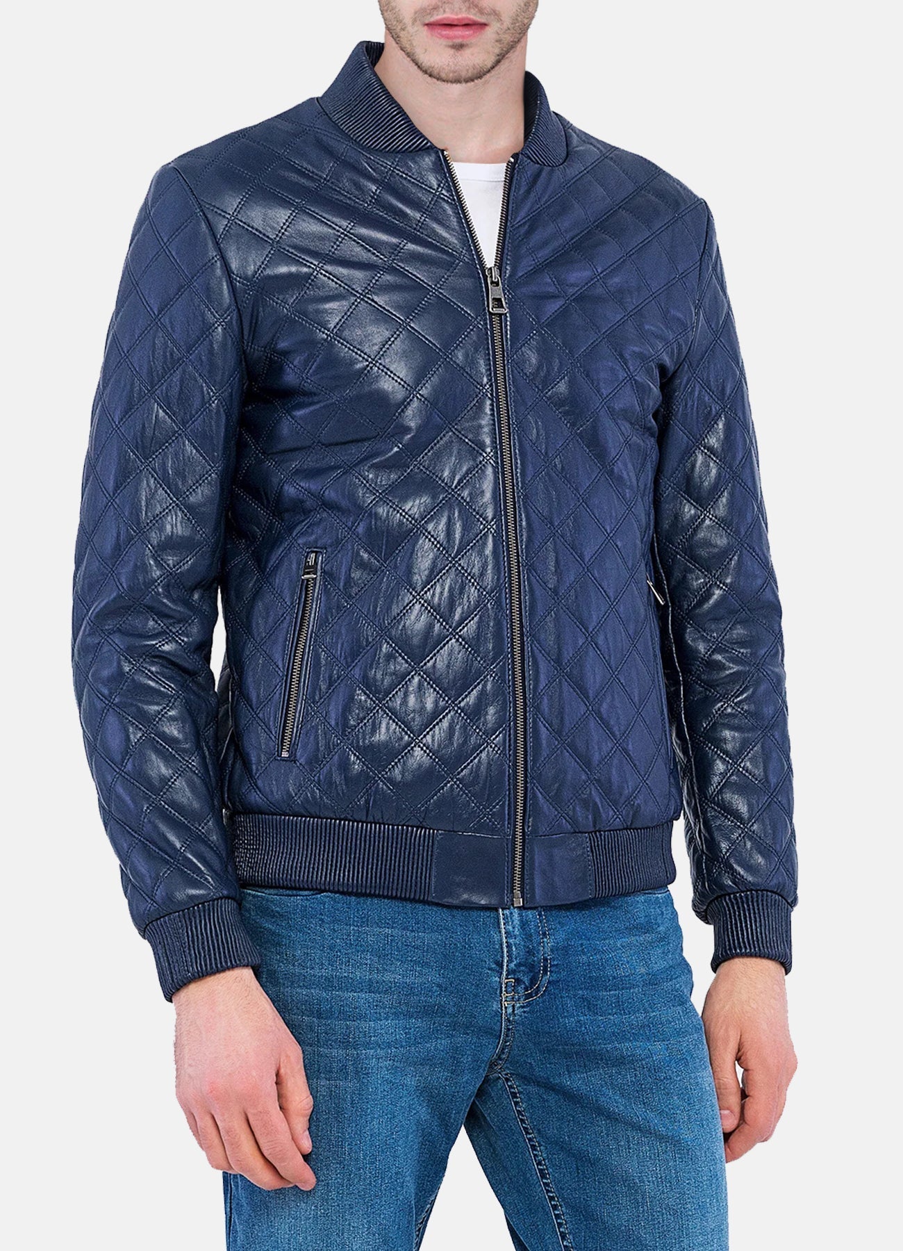 Men's Blue Quilted Leather Bomber Jacket