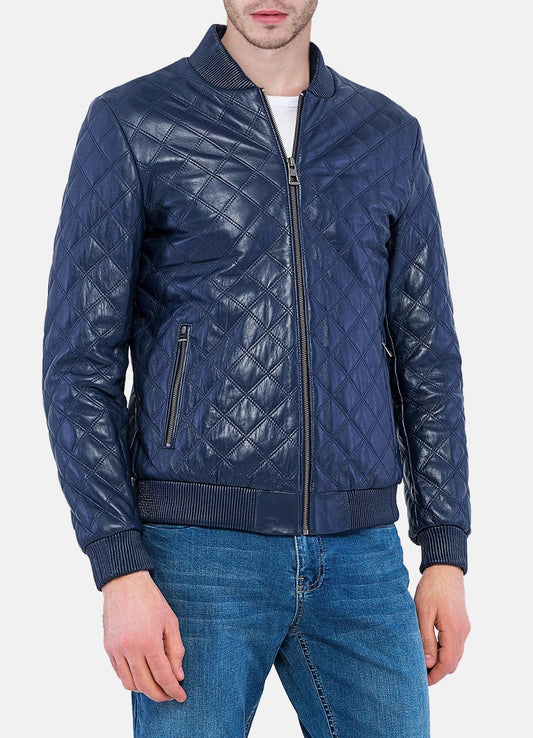 Men's Blue Quilted Leather Bomber Jacket