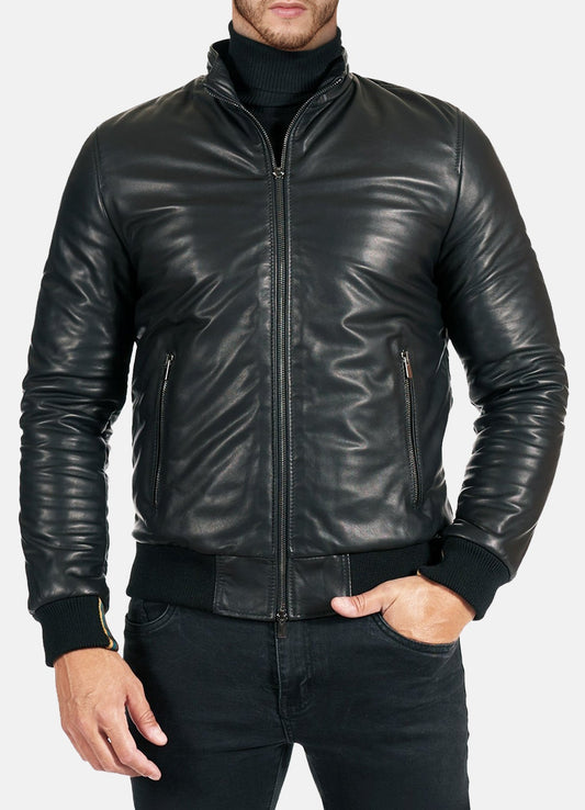 Men's Black Smooth Leather Bomber Jacket