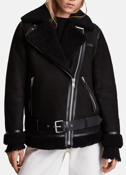 Women's Matt Black Shearling Leather Jacket
