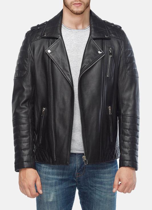 Men's Quilted Black Biker Leather Jacket