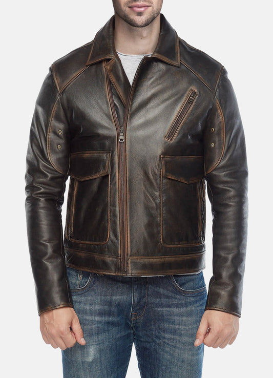 Men's Vintage Distressed Black Biker Leather Jacket