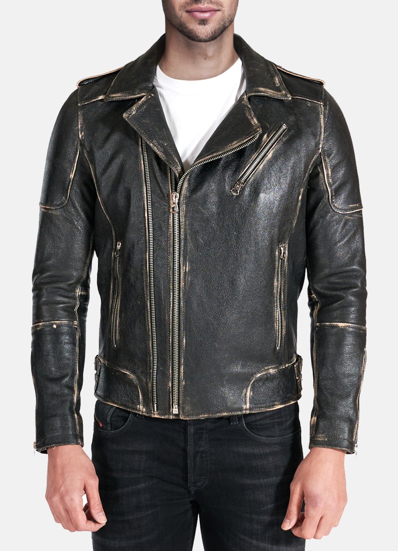 Men's Distressed Black Biker Leather Jacket