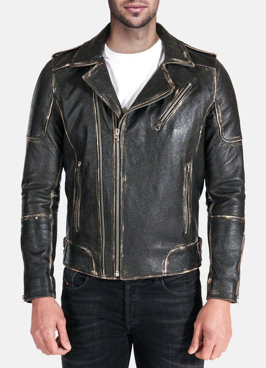 Men's Distressed Black Biker Leather Jacket