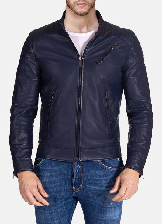 Men's Padded Shoulder Blue Biker Leather Jacket