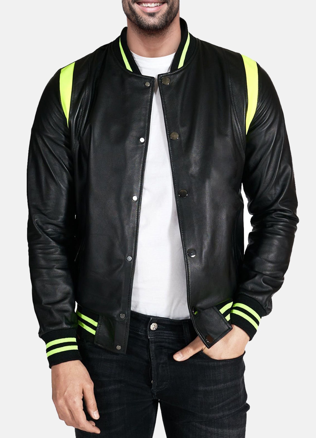 Men's Neon and Black Varsity Leather Jacket
