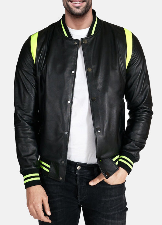Men's Neon and Black Varsity Leather Jacket