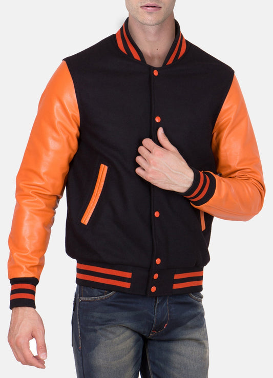Men's Black and Orange Varsity Jacket