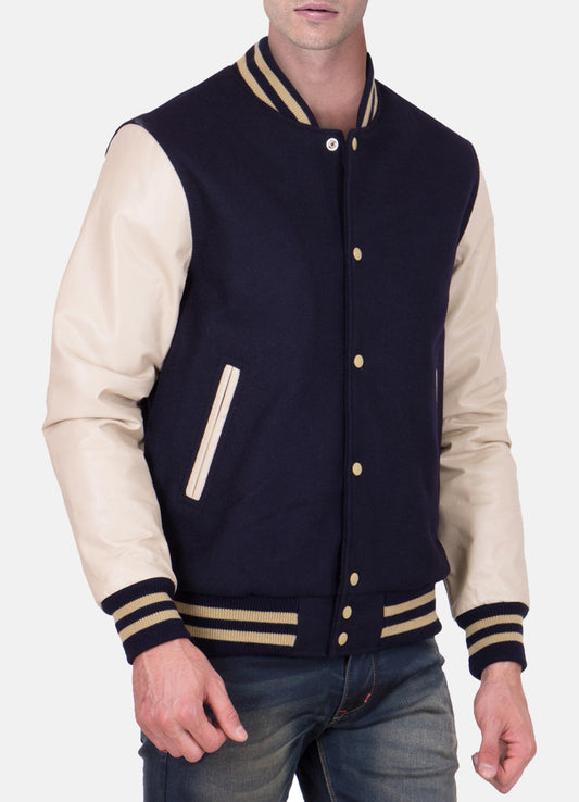 Men's Black and Beige Varsity Jacket