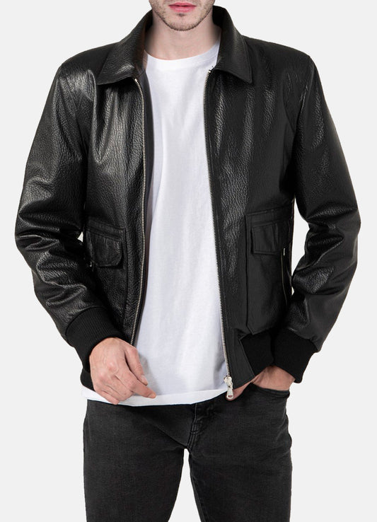 Men's Patterned Black Leather Jacket