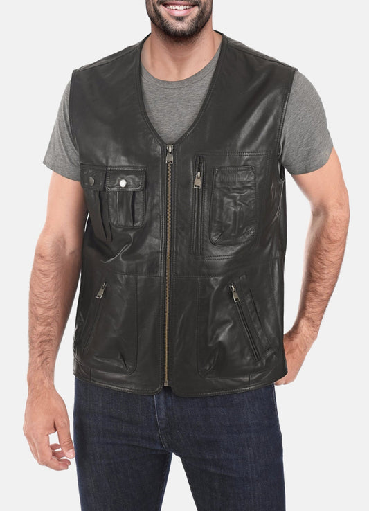 Men's Military Style Black Leather Vest