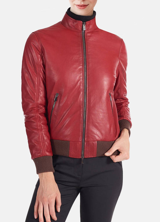 Women's Soft Red Bomber Leather Jacket