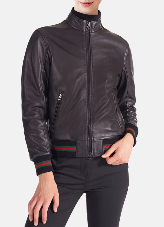 Women's Smooth Black Bomber Leather Jacket
