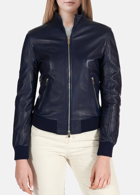 Women's Navy Blue Bomber Leather Jacket